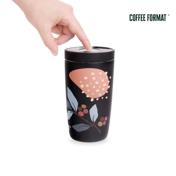 Coffee Format Czarny kubek termiczny z motywem roślin 350 ml