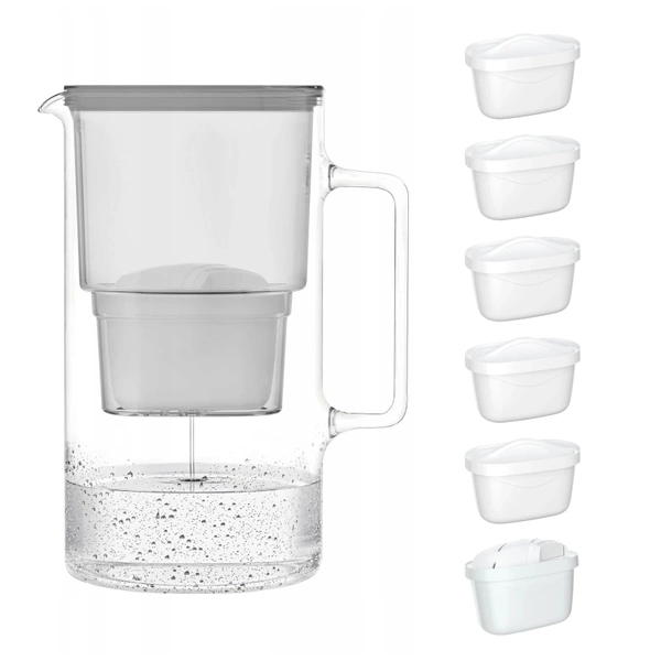 Wessper AquaMax Crystalline 3L Szary szklany dzbanek filtrujący z 6 wkładami