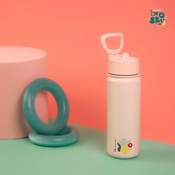 Brosky Abstract Różowa stalowa butelka termiczna ze słomką 550 ml